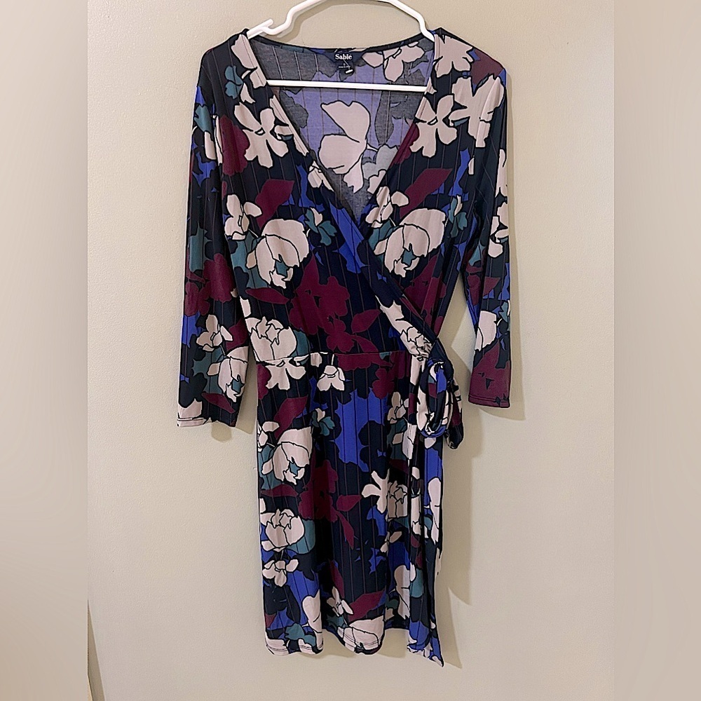 SABIE small Dress Faux Wrap Muted Purple Blue Gray Green Floral Jersey A Line
